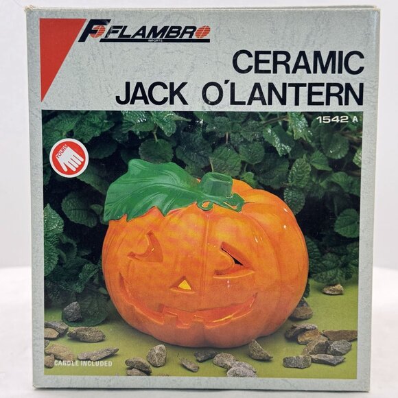 Vintage 1988 Flambro Ceramic Jack OLantern Pumpkin Tealight Candle Holder #1542A - Picture 2 of 16